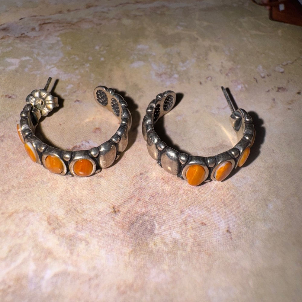 Bohemian Silver and Orange Hoop Earrings